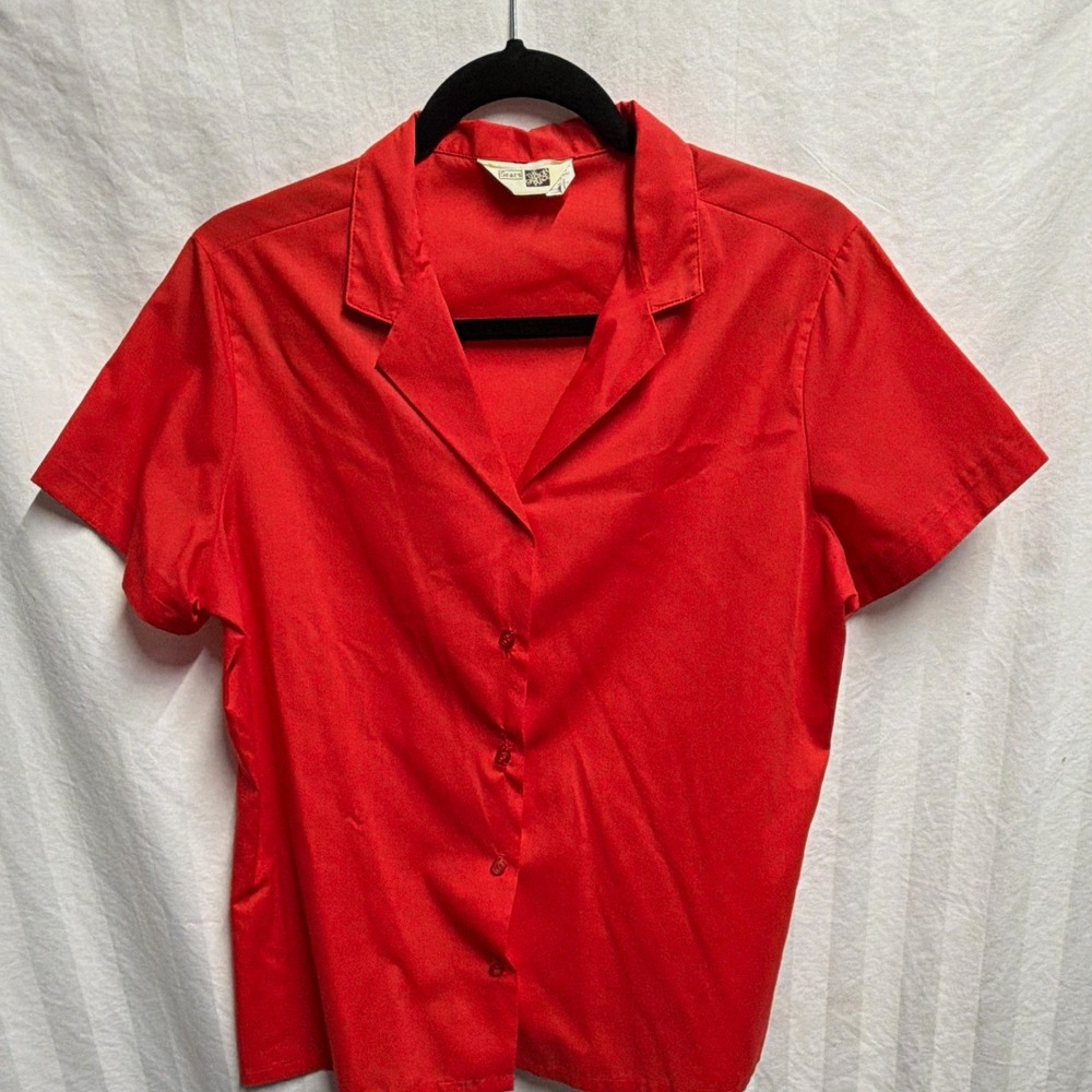Vintage Sears Women Red Solid SS Collared Button Front Woven Blouse Sz 16